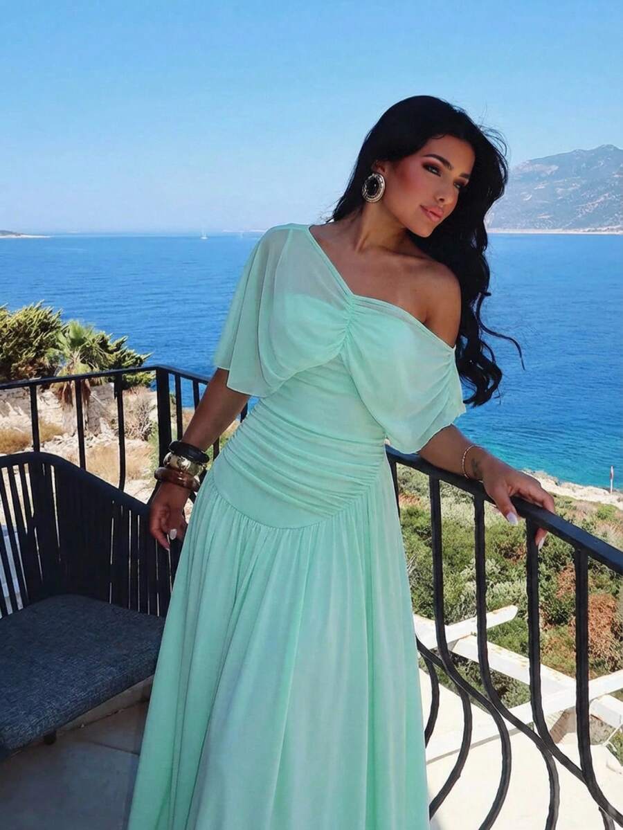 SHEIN Aloruh فستان أخضر نعناعي من الشبك مكشوف الكتفين بكشكشة