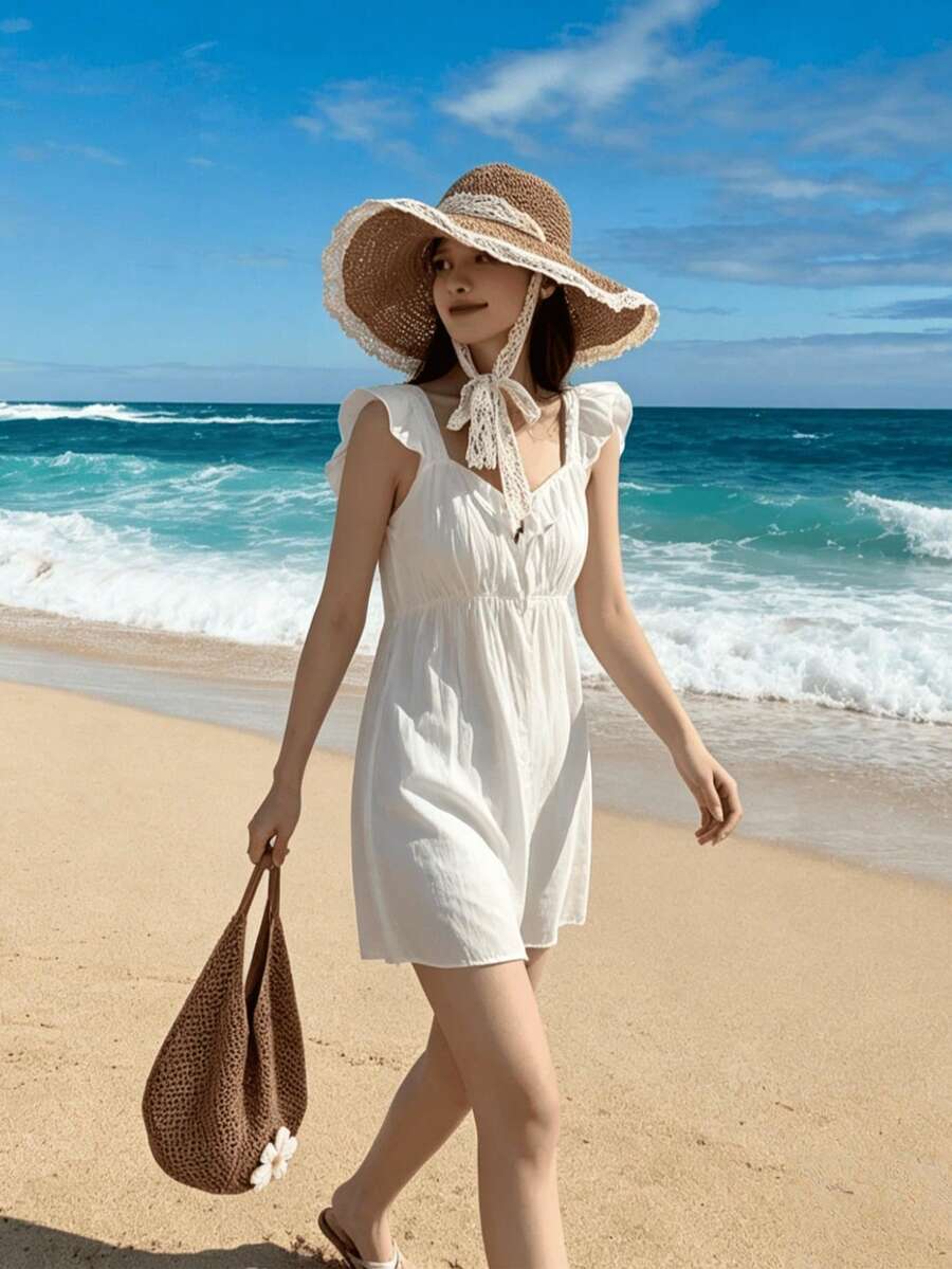 SHEIN مجموعة حقيبة كتف كروشيه وقبعة شمس قش شبكية زهرية