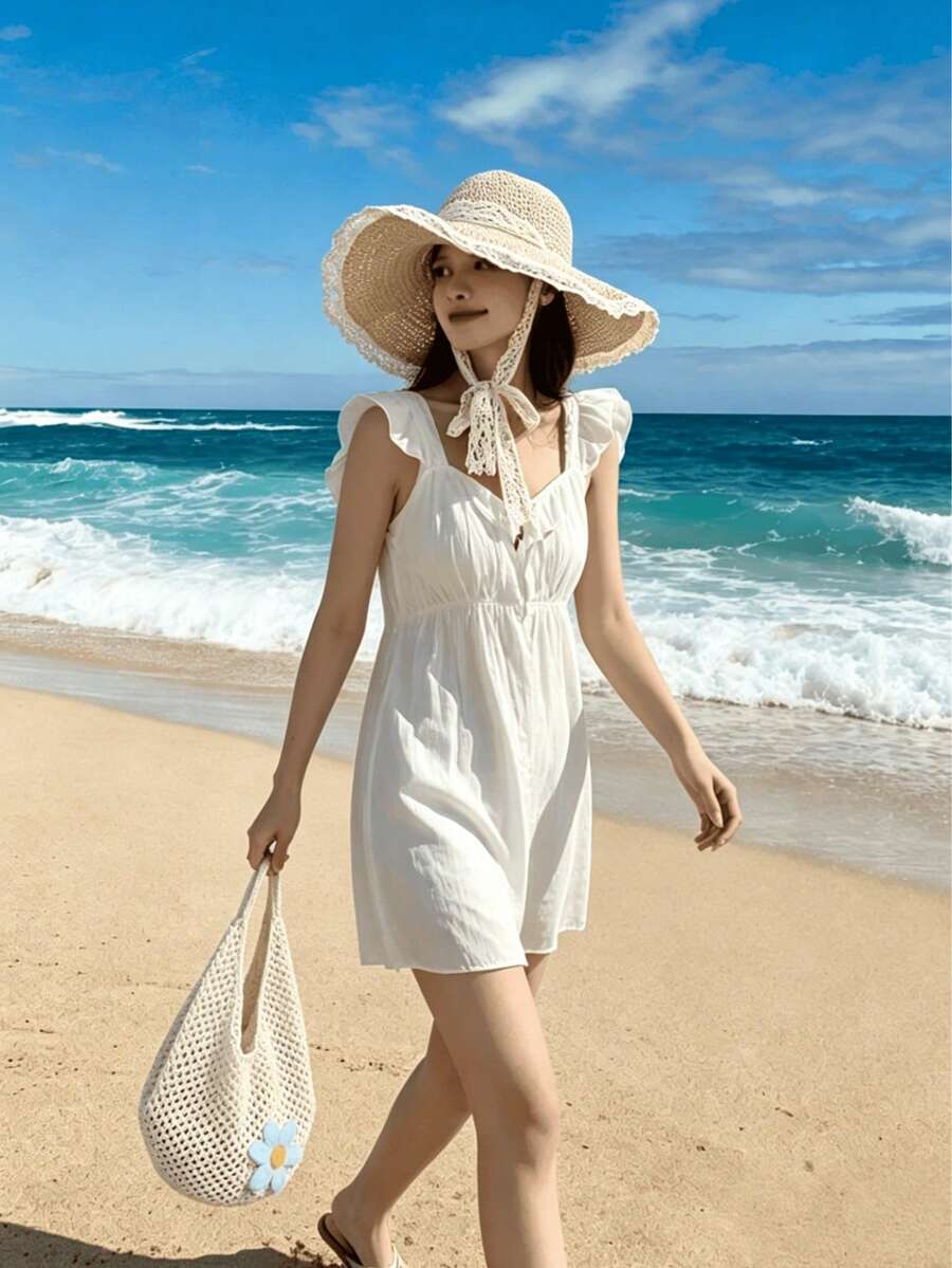 SHEIN مجموعة حقيبة كتف كروشيه وقبعة شمس قش شبكية زهرية
