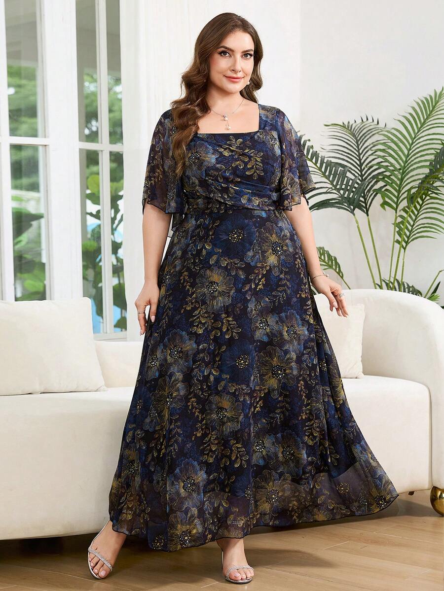 SHEIN Reflora فستان للمقاسات الكبيرة بطبعة زهور وأكمام مكشكشة