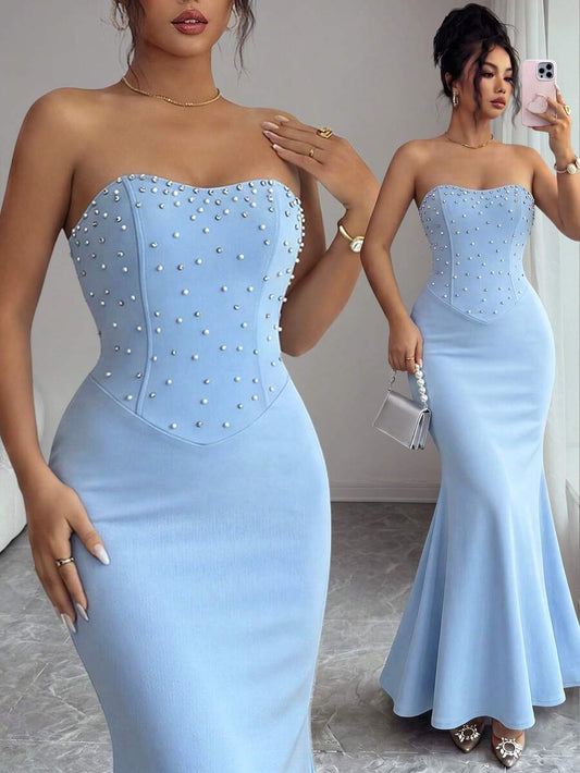 SHEIN Elenzga فستان ماكسي أزرق بذيل حورية البحر مزين باللؤلؤ والراينز