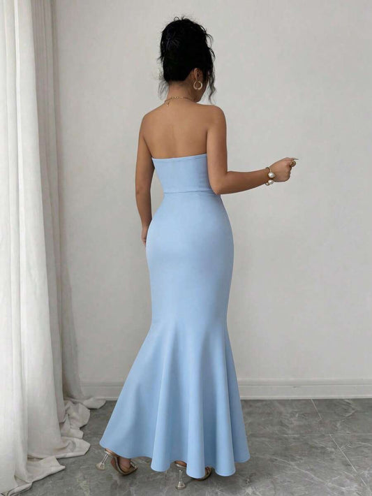 SHEIN Elenzga فستان ماكسي أزرق بذيل حورية البحر مزين باللؤلؤ والراينز