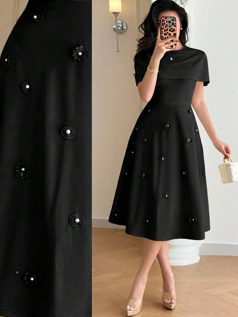 SHEIN Feyla فستان أسود قصير أنيق مزين باللؤلؤ