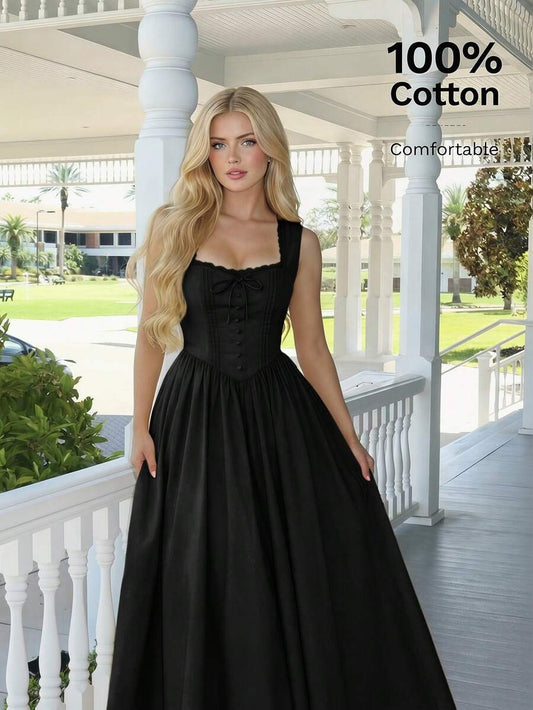 SHEIN MOD فستان أسود بياقة مربعة وأزرار قطنية