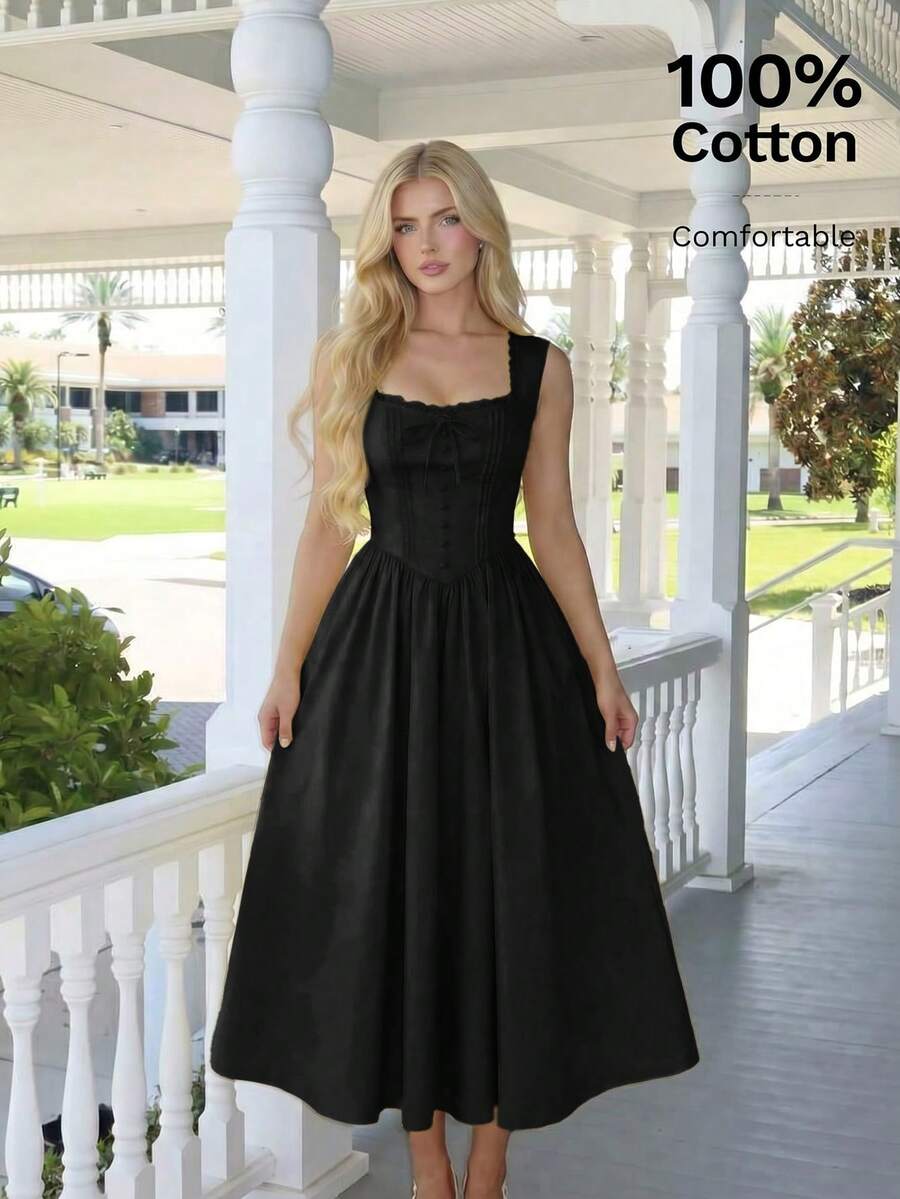 SHEIN MOD فستان أسود بياقة مربعة وأزرار قطنية