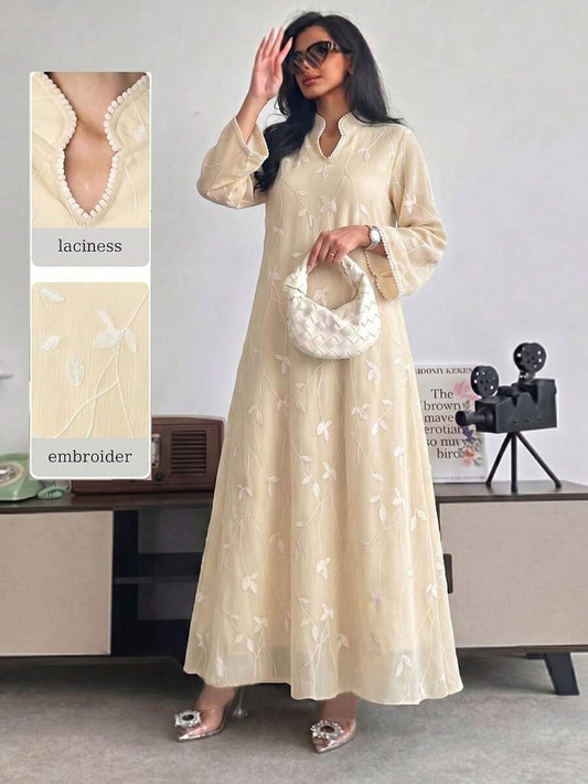 SHEIN Yasmyna فستان عربي مطرز بأكمام طويلة باللون المشمشي