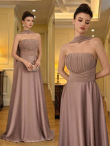 SHEIN Poshira فستان سهرة مخمل مطوي بدون أكتاف أنيق وراقي