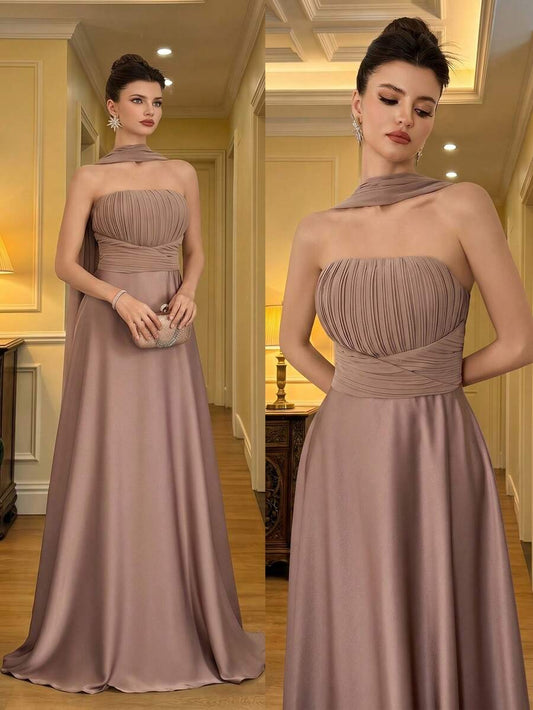 SHEIN Poshira فستان سهرة مخمل مطوي بدون أكتاف أنيق وراقي