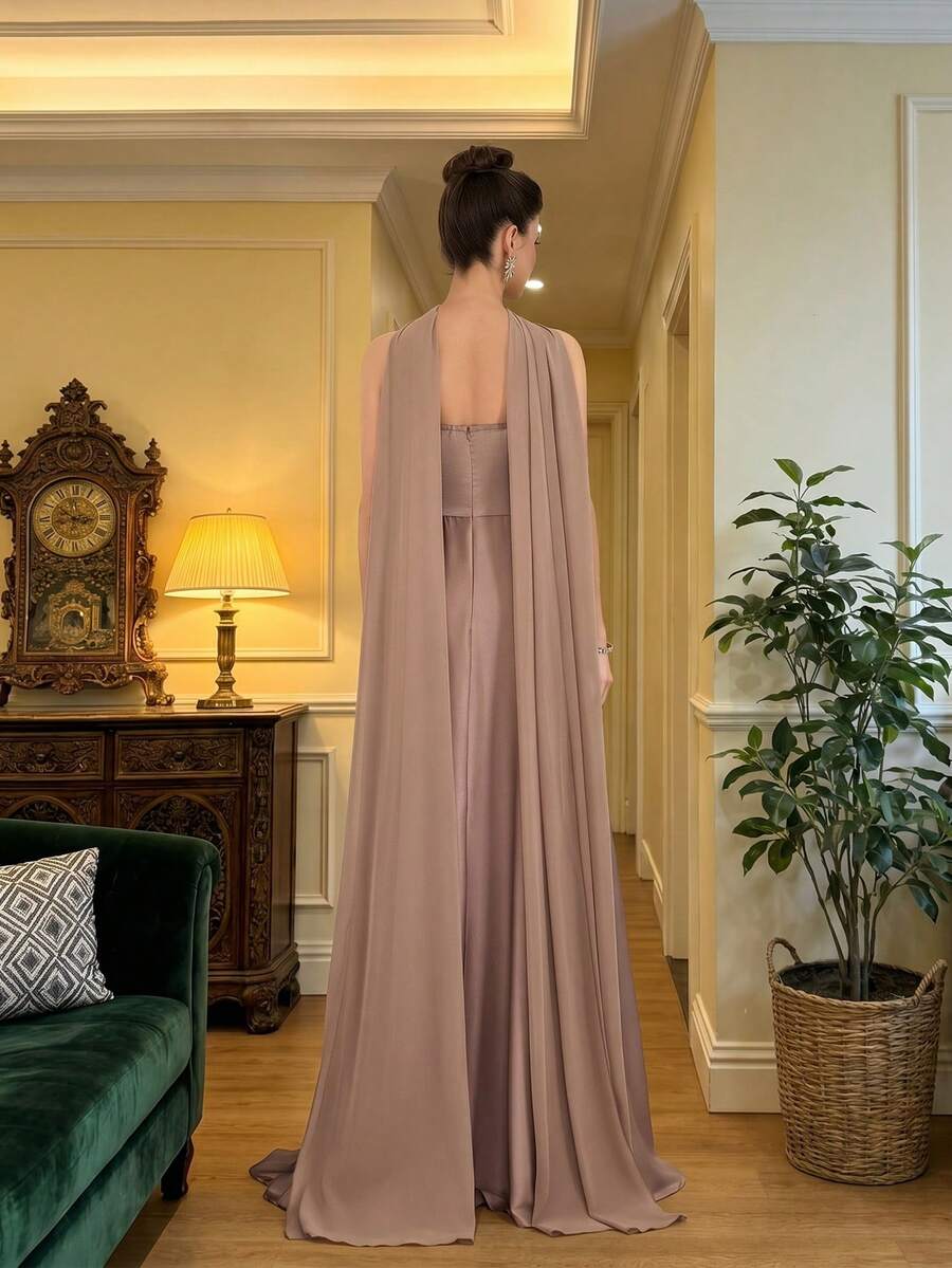 SHEIN Poshira فستان سهرة مخمل مطوي بدون أكتاف أنيق وراقي