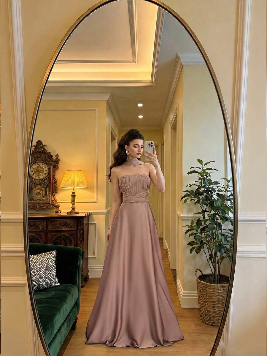 SHEIN Poshira فستان سهرة مخمل مطوي بدون أكتاف أنيق وراقي