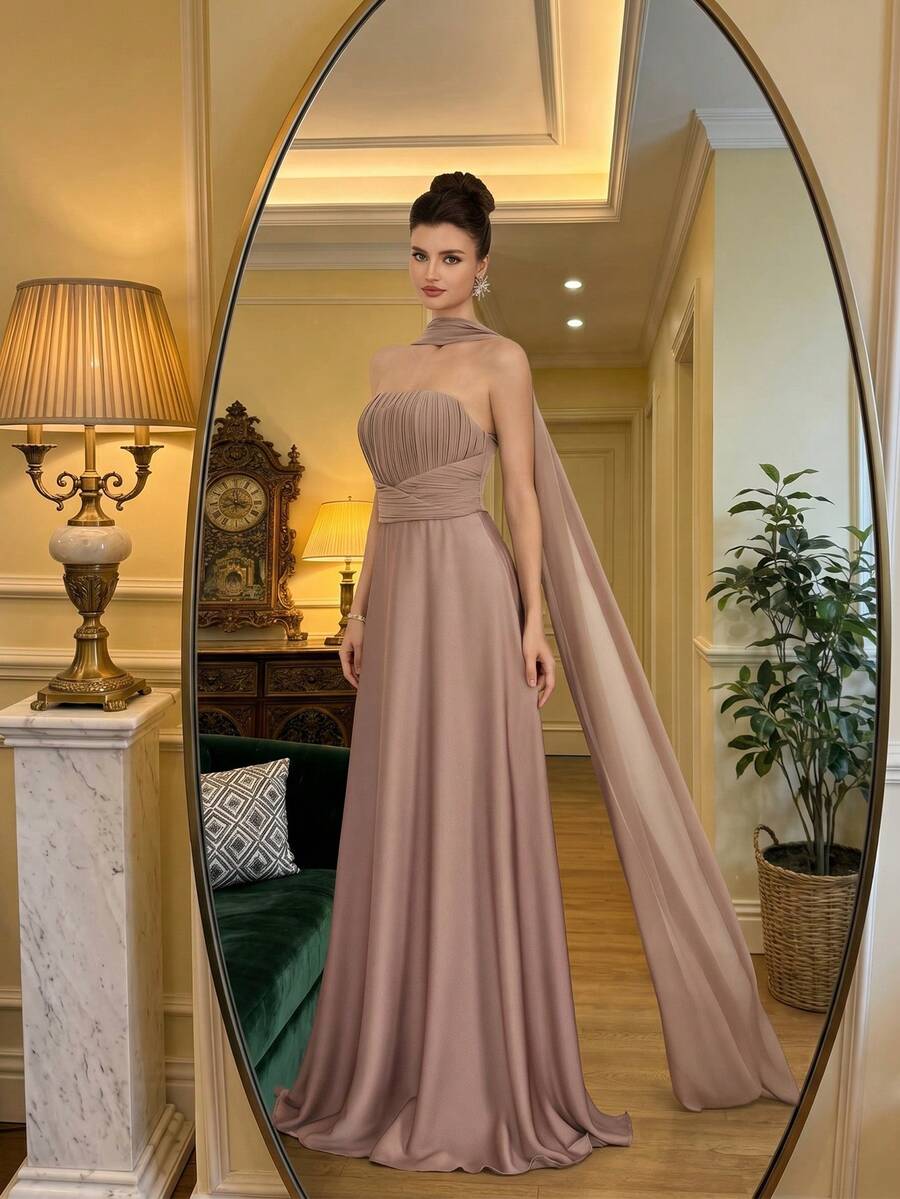 SHEIN Poshira فستان سهرة مخمل مطوي بدون أكتاف أنيق وراقي