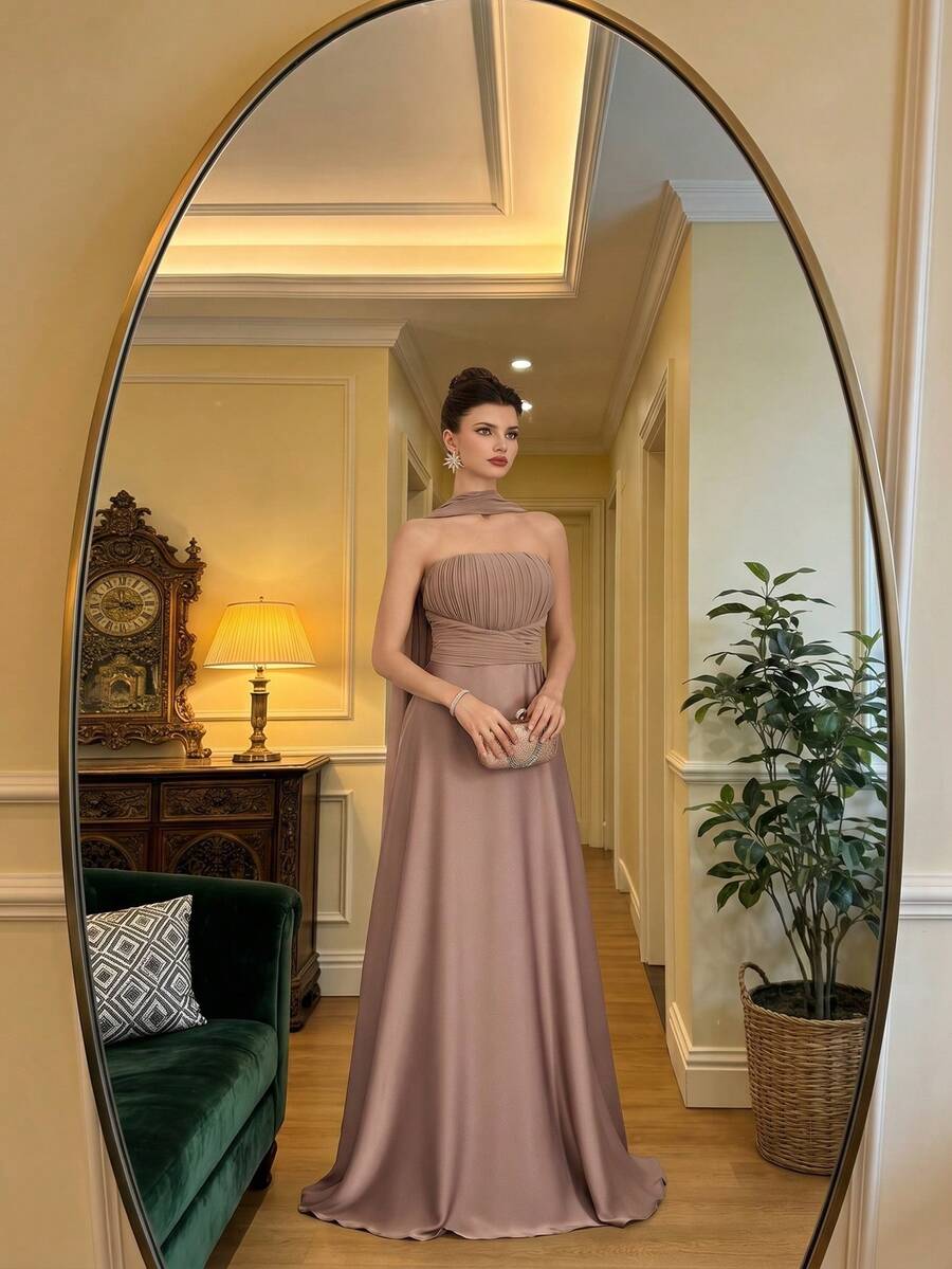 SHEIN Poshira فستان سهرة مخمل مطوي بدون أكتاف أنيق وراقي