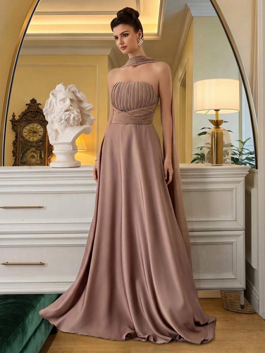 SHEIN Poshira فستان سهرة مخمل مطوي بدون أكتاف أنيق وراقي