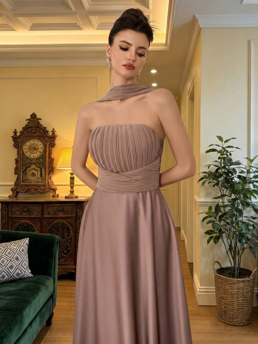SHEIN Poshira فستان سهرة مخمل مطوي بدون أكتاف أنيق وراقي