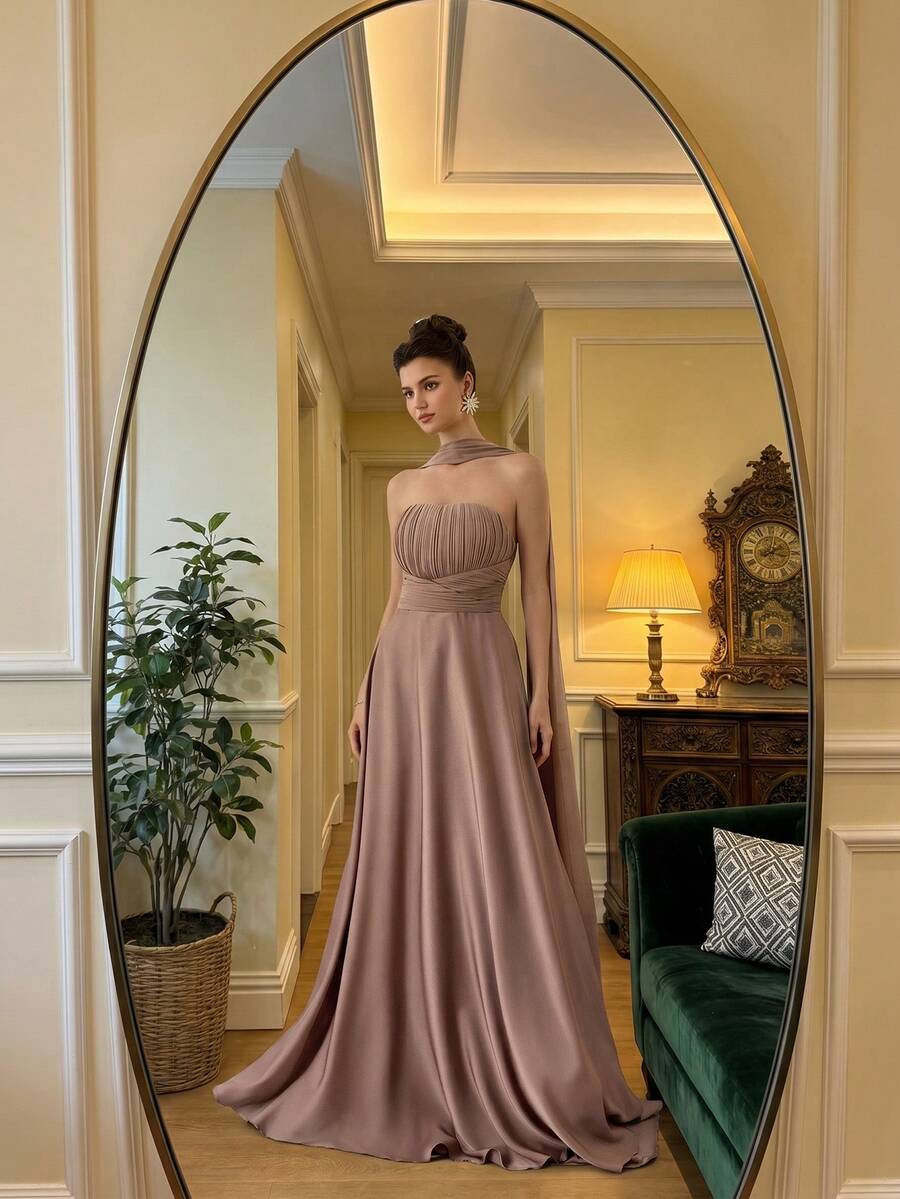 SHEIN Poshira فستان سهرة مخمل مطوي بدون أكتاف أنيق وراقي