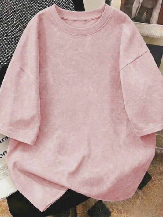 SHEIN تي شيرت وردي فضفاض برقبة دائرية