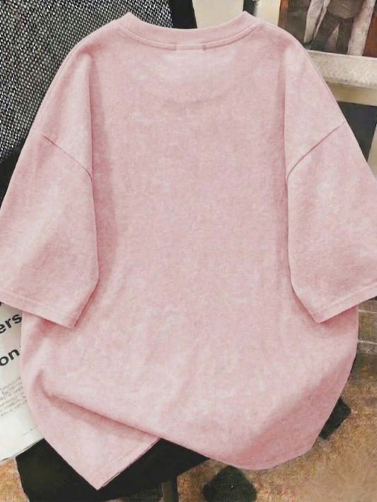 SHEIN تي شيرت وردي فضفاض برقبة دائرية