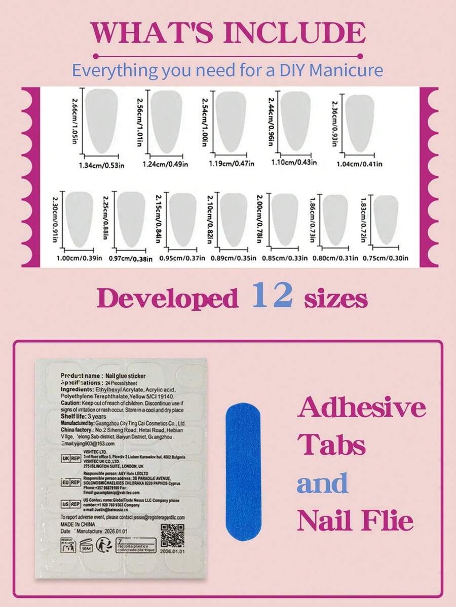 SHEIN ملصقات أظافر 24 قطعة بشكل لوزي بتصميم أومبري بلون وردي وأبيض لامع