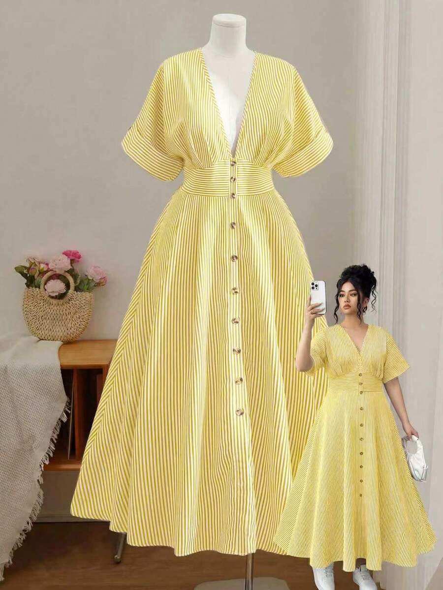 SHEIN Franclia فستان أصفر للمقاسات الكبيرة مخطط بخصر محدد وأزرار أمامية