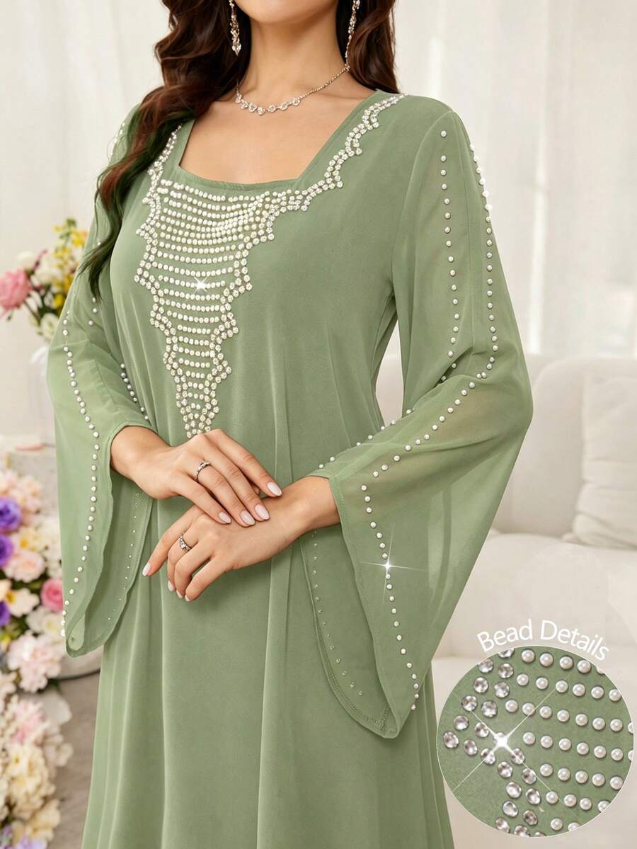 SHEIN Al Najma فستان عربي بلون أخضر بقصة فضفاضة وأكمام خفاش مزينة بالخرز