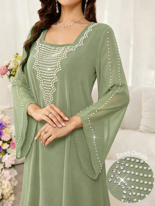 SHEIN Al Najma فستان عربي بلون أخضر بقصة فضفاضة وأكمام خفاش مزينة بالخرز