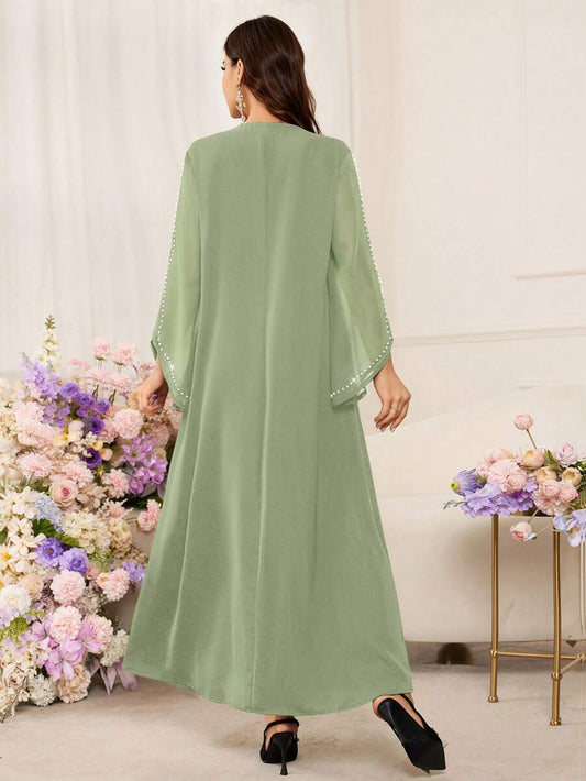 SHEIN Al Najma فستان عربي بلون أخضر بقصة فضفاضة وأكمام خفاش مزينة بالخرز