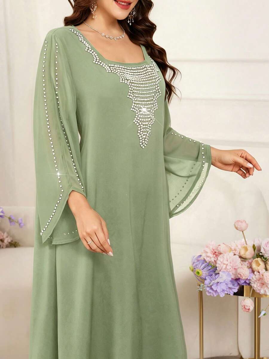 SHEIN Al Najma فستان عربي بلون أخضر بقصة فضفاضة وأكمام خفاش مزينة بالخرز