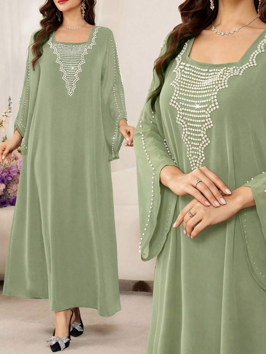 SHEIN Al Najma فستان عربي بلون أخضر بقصة فضفاضة وأكمام خفاش مزينة بالخرز
