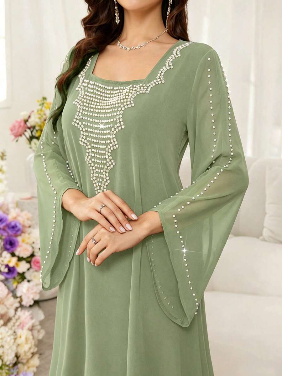 SHEIN Al Najma فستان عربي بلون أخضر بقصة فضفاضة وأكمام خفاش مزينة بالخرز