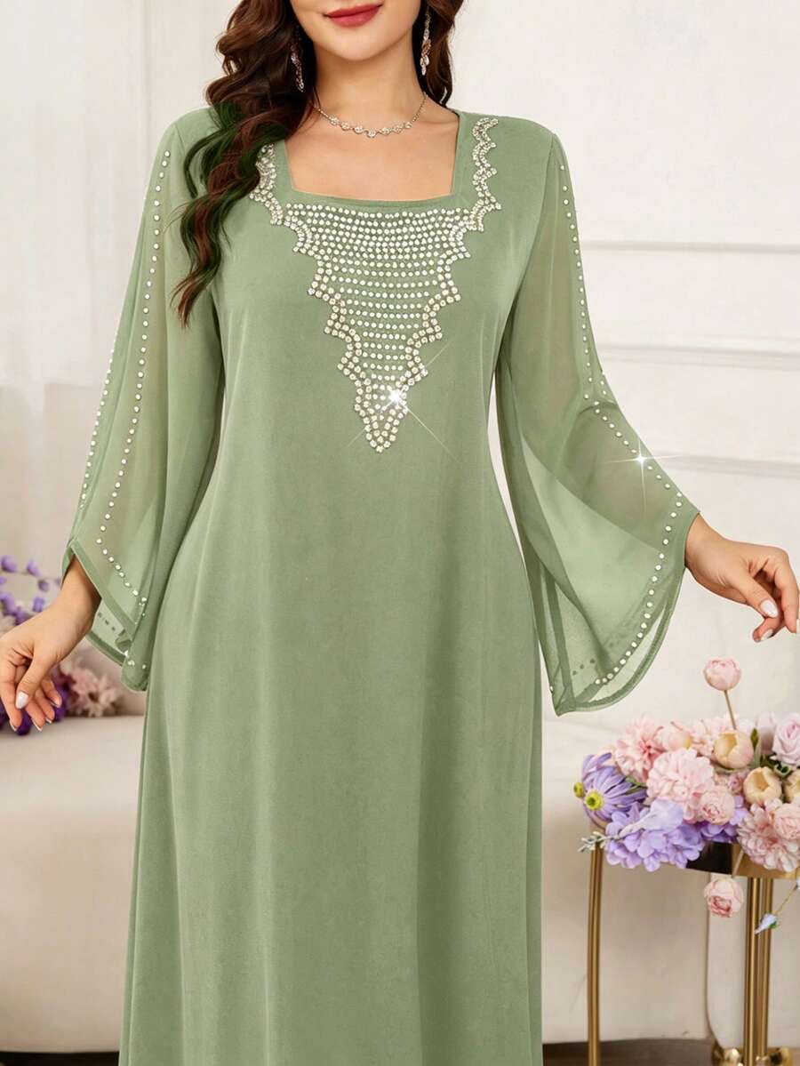 SHEIN Al Najma فستان عربي بلون أخضر بقصة فضفاضة وأكمام خفاش مزينة بالخرز