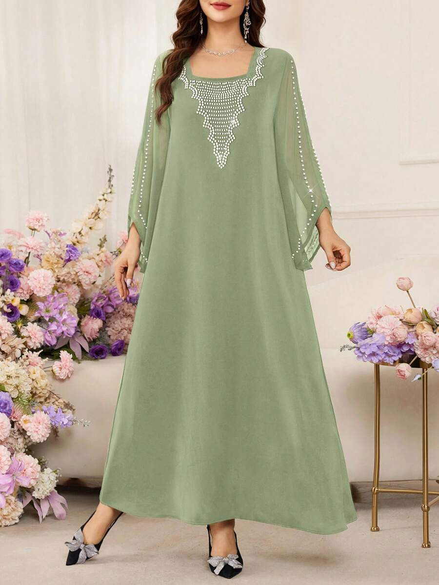 SHEIN Al Najma فستان عربي بلون أخضر بقصة فضفاضة وأكمام خفاش مزينة بالخرز