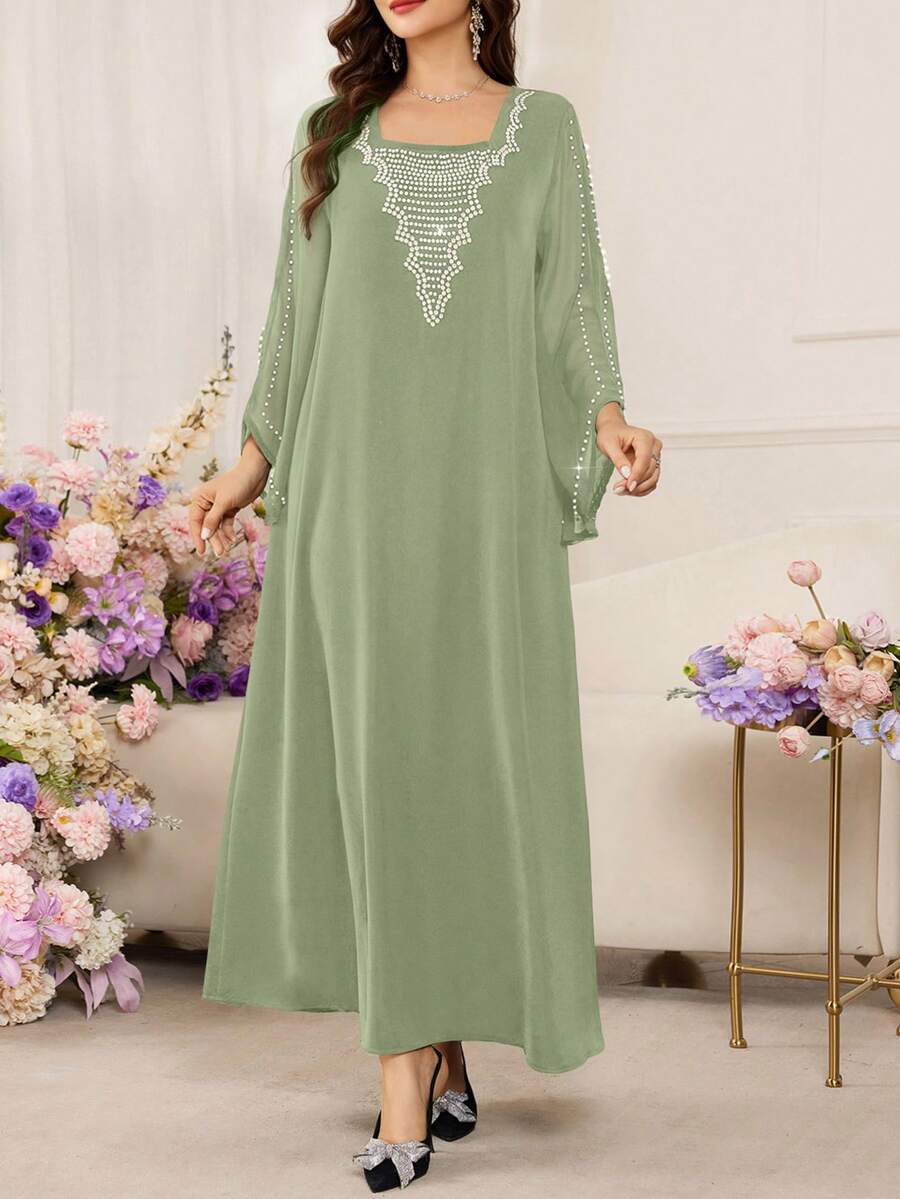 SHEIN Al Najma فستان عربي بلون أخضر بقصة فضفاضة وأكمام خفاش مزينة بالخرز