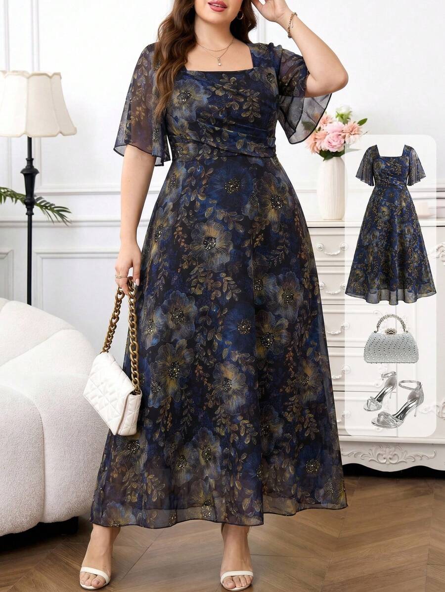 SHEIN Reflora فستان للمقاسات الكبيرة بطبعة زهور وأكمام مكشكشة