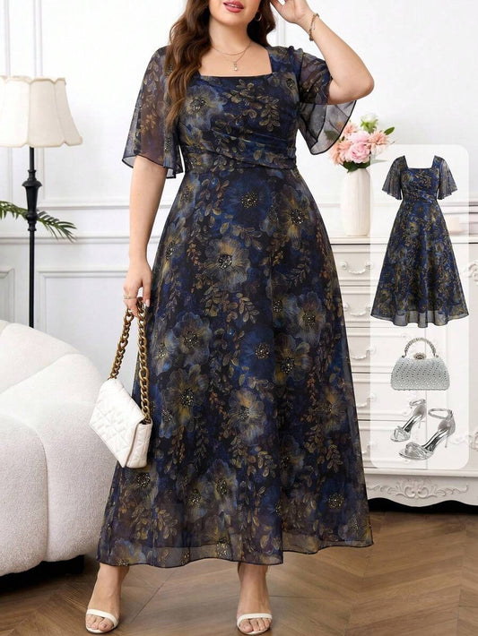 SHEIN Reflora فستان للمقاسات الكبيرة بطبعة زهور وأكمام مكشكشة