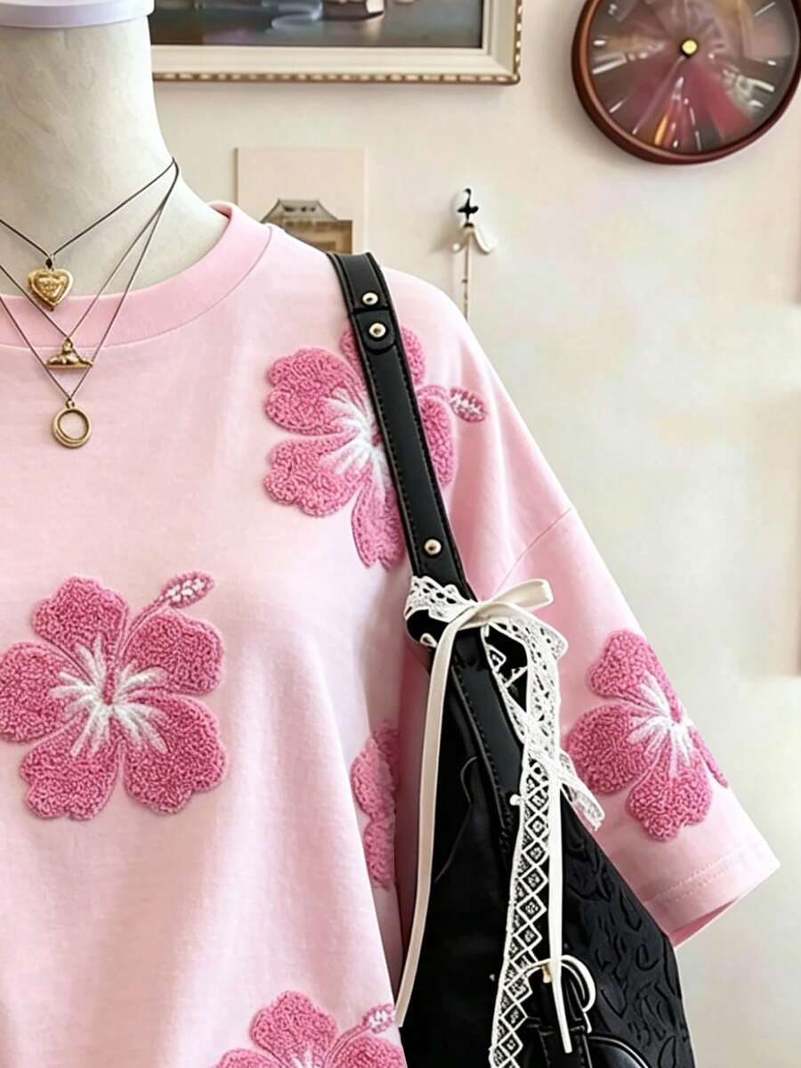 SHEIN Lalippa تي شيرت بطبعة زهور هاواي كبيرة الحجم