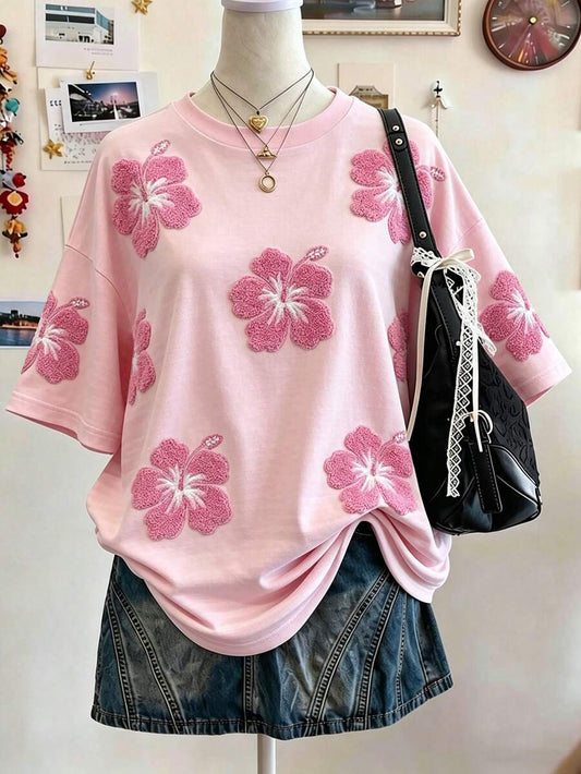 SHEIN Lalippa تي شيرت بطبعة زهور هاواي كبيرة الحجم