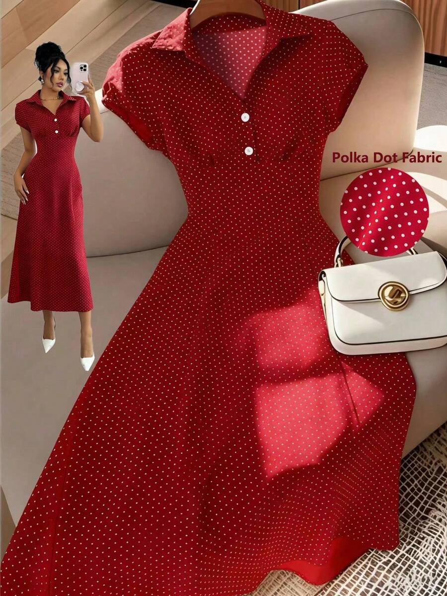 SHEIN FRANCLIA فستان أحمر قصير الأكمام بنقشة نقاط بولكا