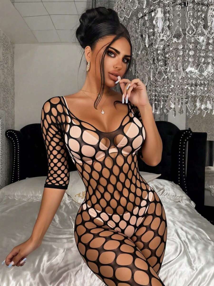 SHEIN ChaseTheNight جمبسوت لانجري شبكي شفاف بتطريز دانتيل