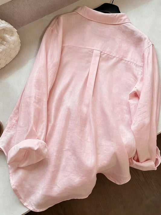 SHEIN قميص نسائي بلون وردي فاتح بأزرار أمامية وحافة منحنية
