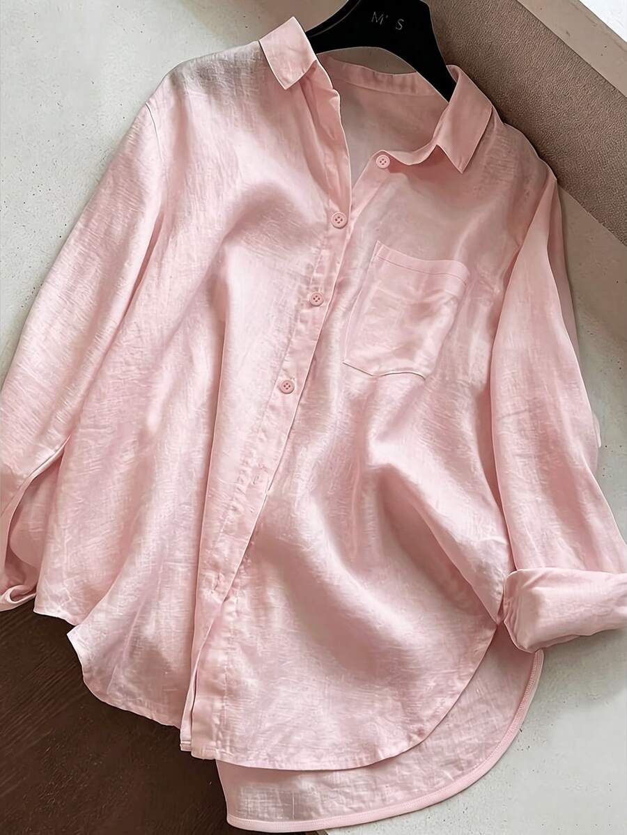 SHEIN قميص نسائي بلون وردي فاتح بأزرار أمامية وحافة منحنية