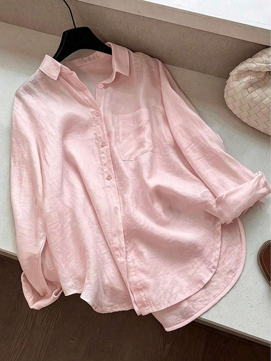 SHEIN قميص نسائي بلون وردي فاتح بأزرار أمامية وحافة منحنية