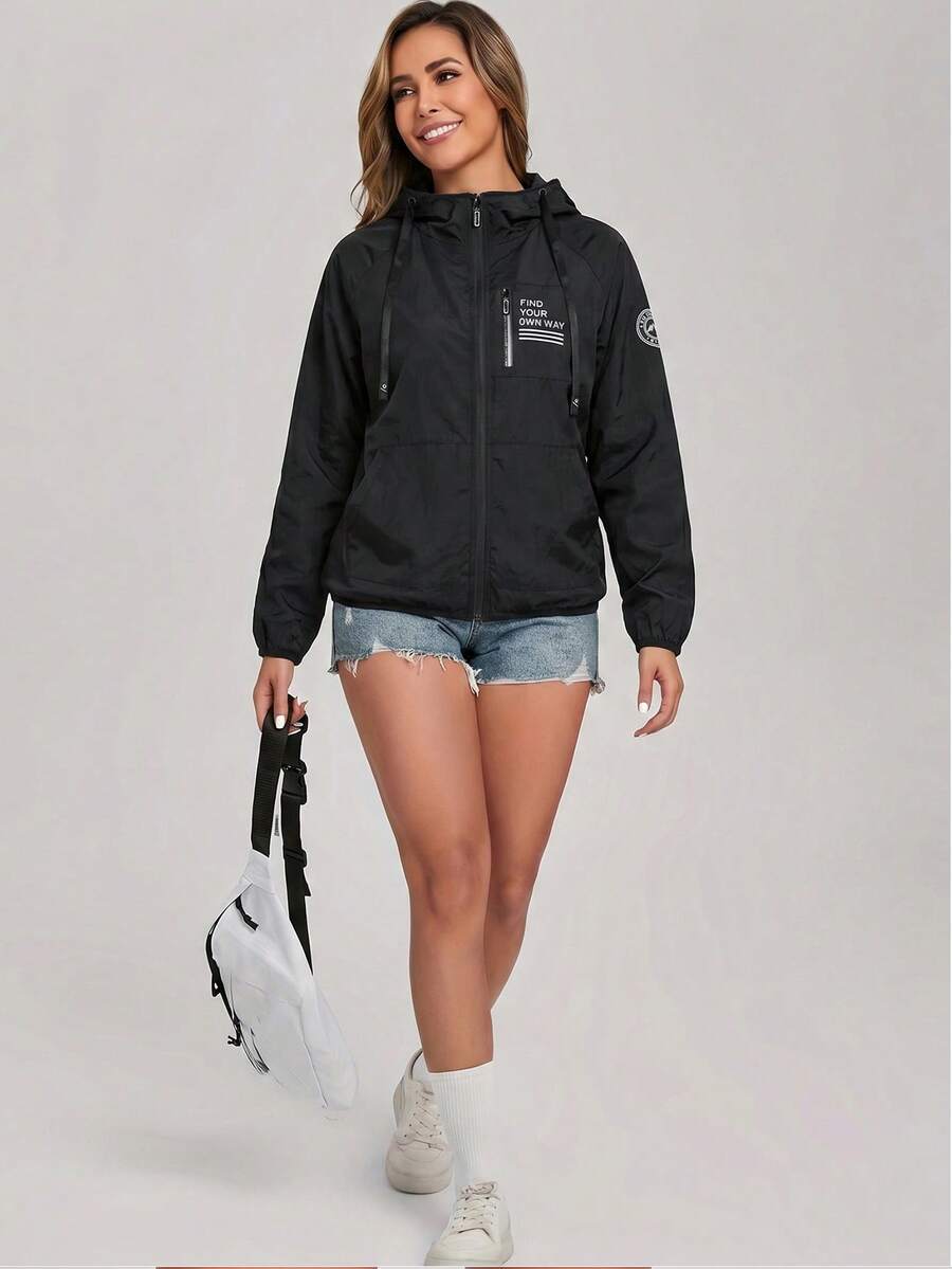 SHEIN جاكيت نسائي أسود بغطاء رأس وسحاب وجيوب وأكمام راجلان