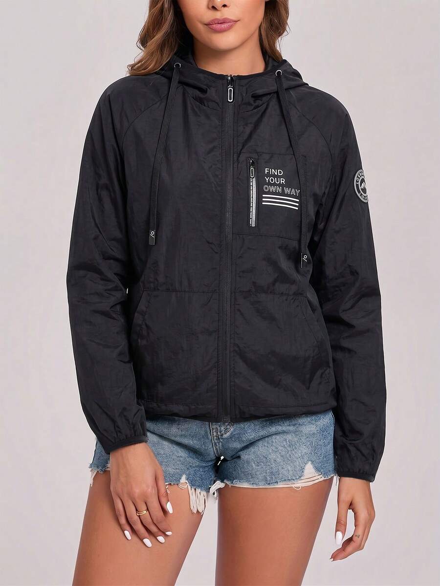 SHEIN جاكيت نسائي أسود بغطاء رأس وسحاب وجيوب وأكمام راجلان