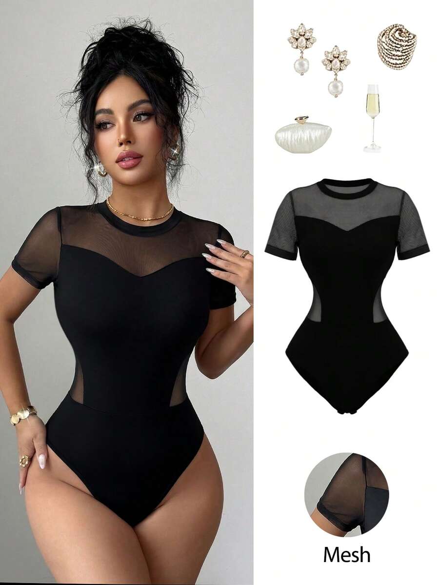 SHEIN Elenzga بادي أسود بتصميم شبكي بقصة ضيقة ورقبة دائرية بأكمام قصيرة