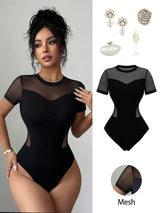 SHEIN Elenzga بادي أسود بتصميم شبكي بقصة ضيقة ورقبة دائرية بأكمام قصيرة