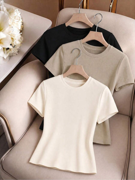 SHEIN Qadelle طقم 3 تي شيرت كاجوال أحادي اللون بأكمام قصيرة