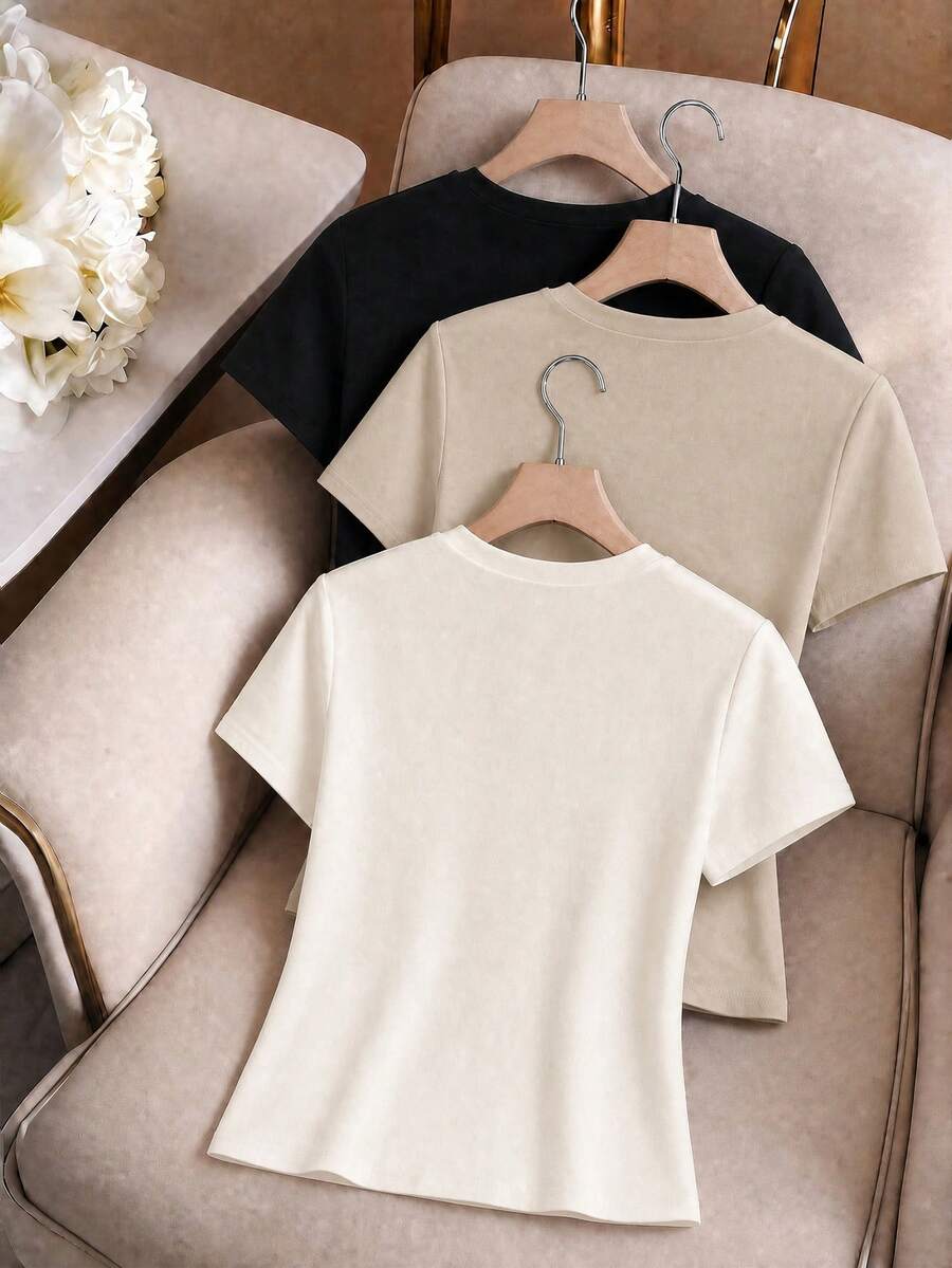 SHEIN Qadelle طقم 3 تي شيرت كاجوال أحادي اللون بأكمام قصيرة
