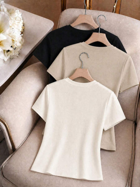 SHEIN Qadelle طقم 3 تي شيرت كاجوال أحادي اللون بأكمام قصيرة