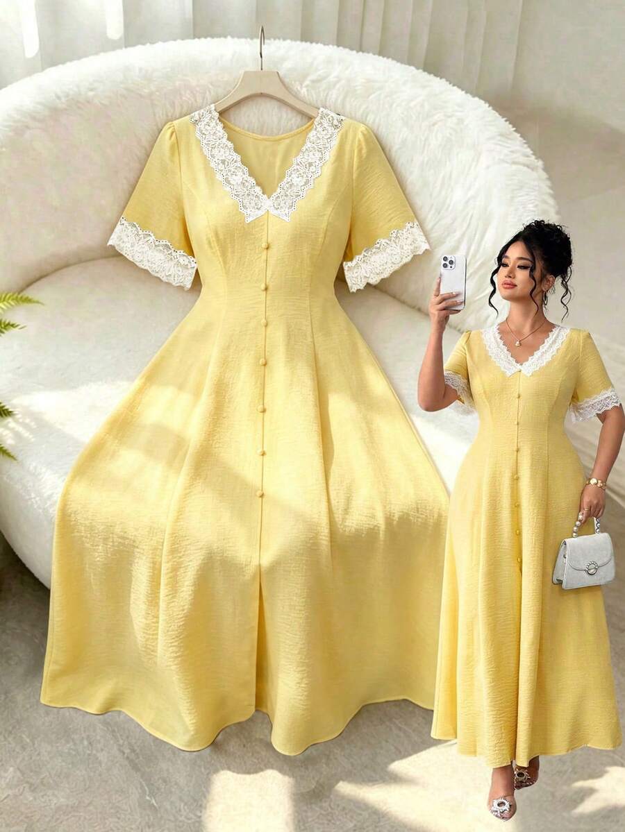SHEIN Elenzga فستان أصفر للمقاسات الكبيرة مزين بالدانتيل وشريط خصر