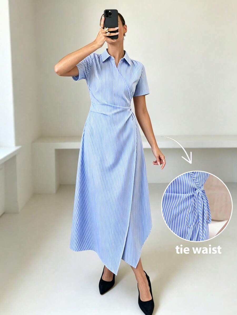 SHEIN Mulvari فستان أزرق مخطط وخصر مخصر بتصميم فرنسي أنيق